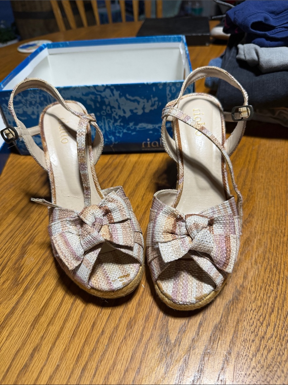 Rialto Striped Bow Wedge Sandals in Cream and Tan